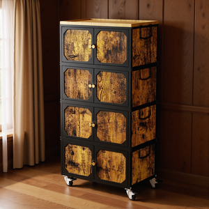 APONWILL 4 Tier Heavy-Duty Storage Bins and Boxes Organizer, Magnetic Doors & 360°Swivel Lockable Wheels, Easy,labor-Saving, Ocean Life Cutout Pattern, Eco-Aesthetic for Living Room,Bedroom,,Wooden